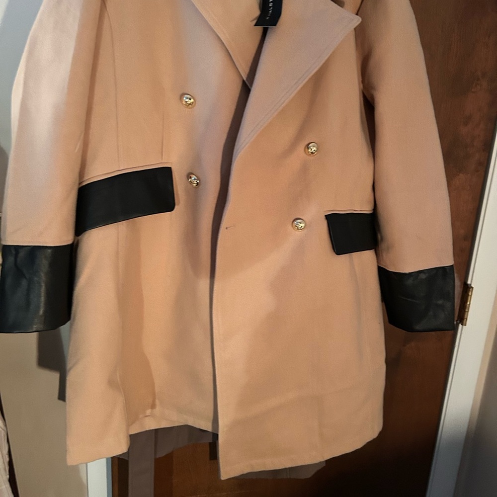 Women's Tan and Black Double-Breasted Coat